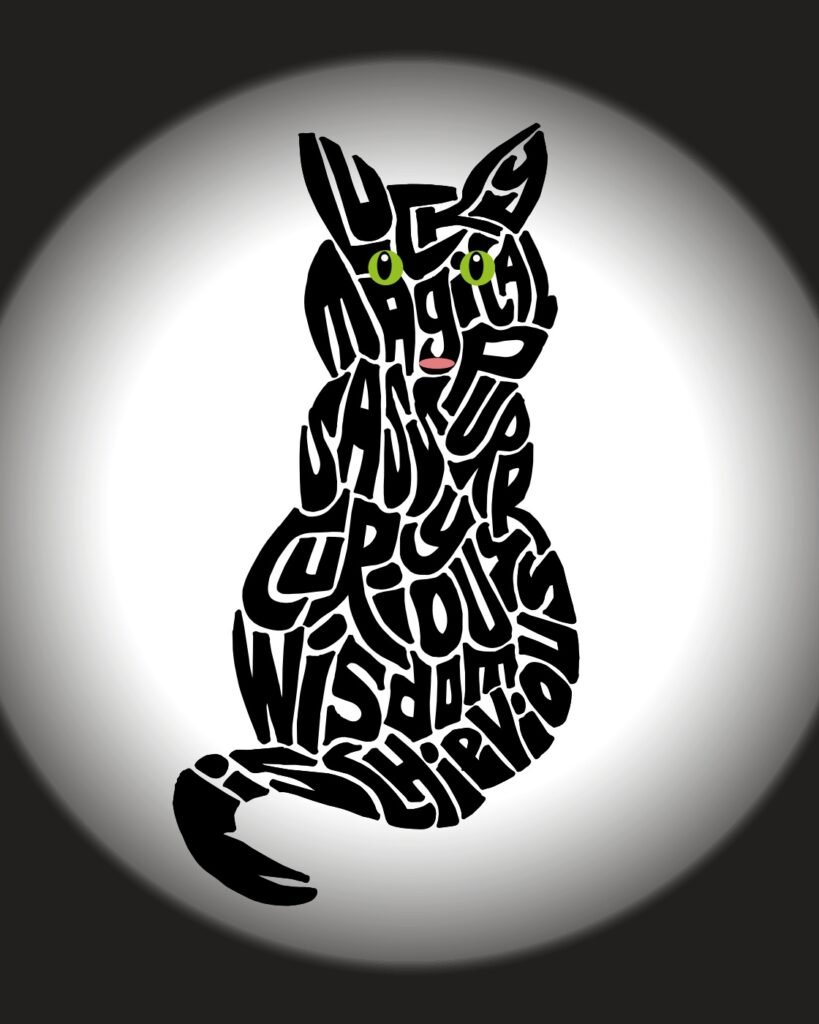 Black Cat artwork formed from Halloween words, by Journey of Words.
