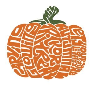 Orange pumpkin formed from Halloween words, with a green stem, by Journey of Words.