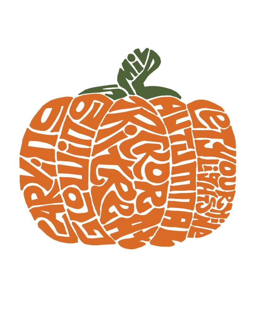 Orange pumpkin formed from Halloween words, with a green stem, by Journey of Words.