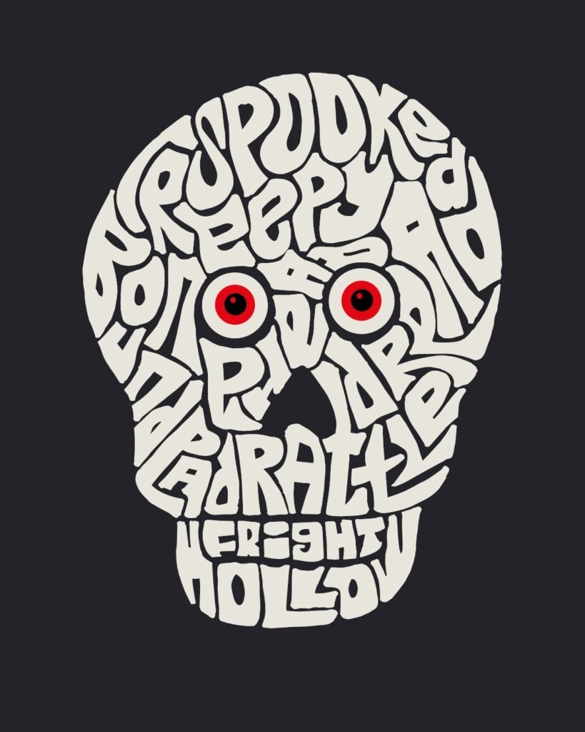 Skull artwork formed from Halloween words, by Journey of Words.