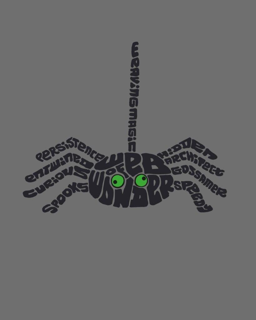 Spider artwork formed from Halloween words, by Journey of Words.